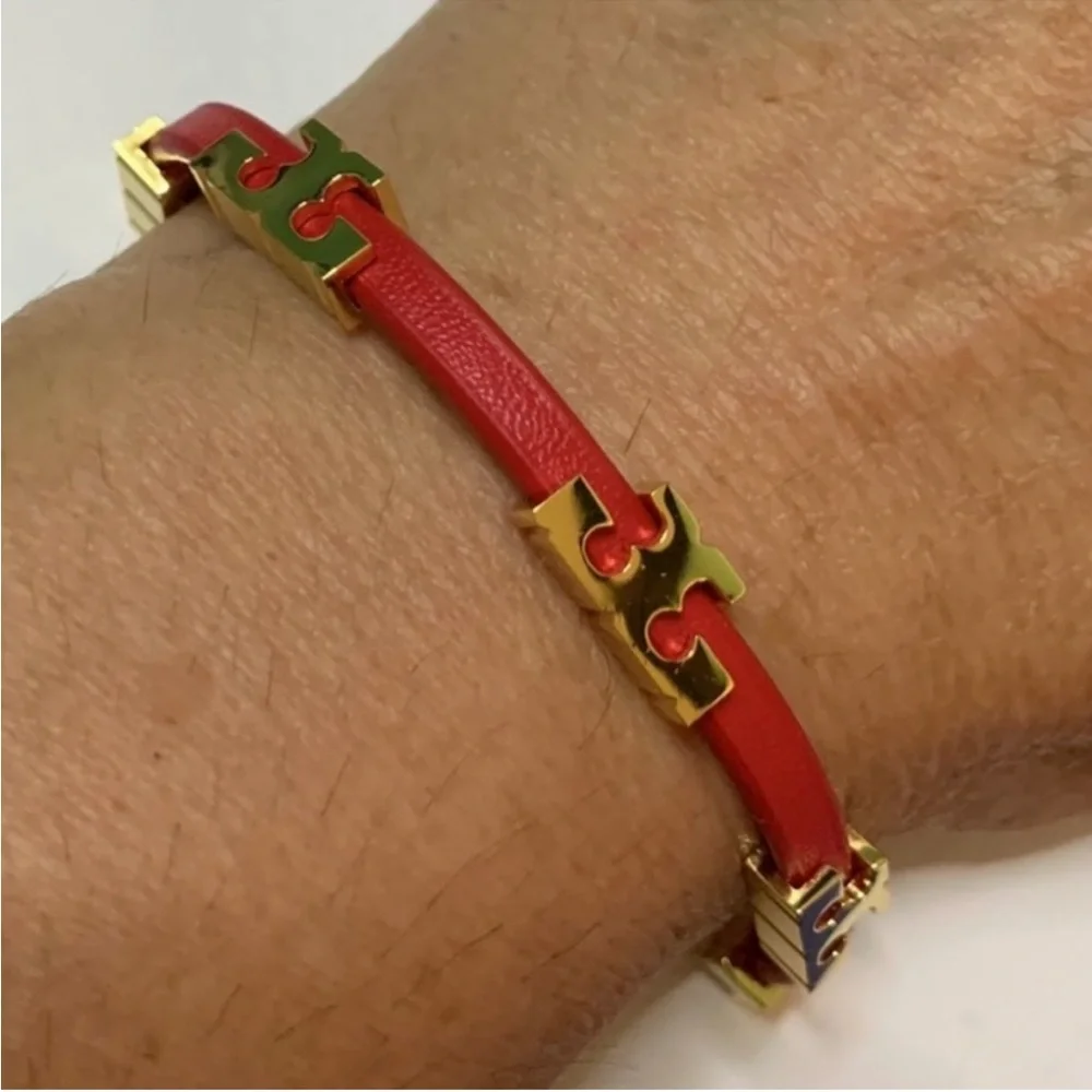 Tory Burch Red leather wrap and Gold single Ts logo Bracelet - Picture 2 of 6